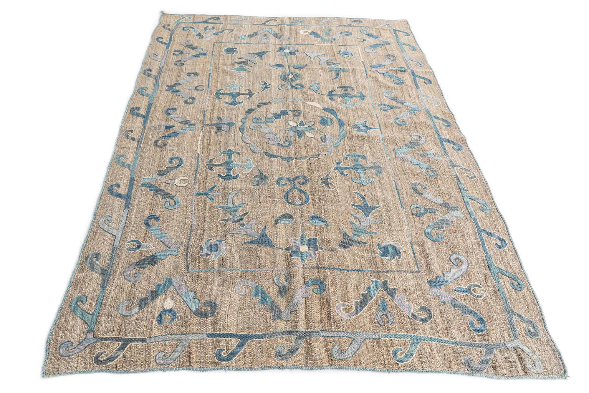 5' 6 x 7' 7 Hand Woven Kilim Suzani Wool Rug