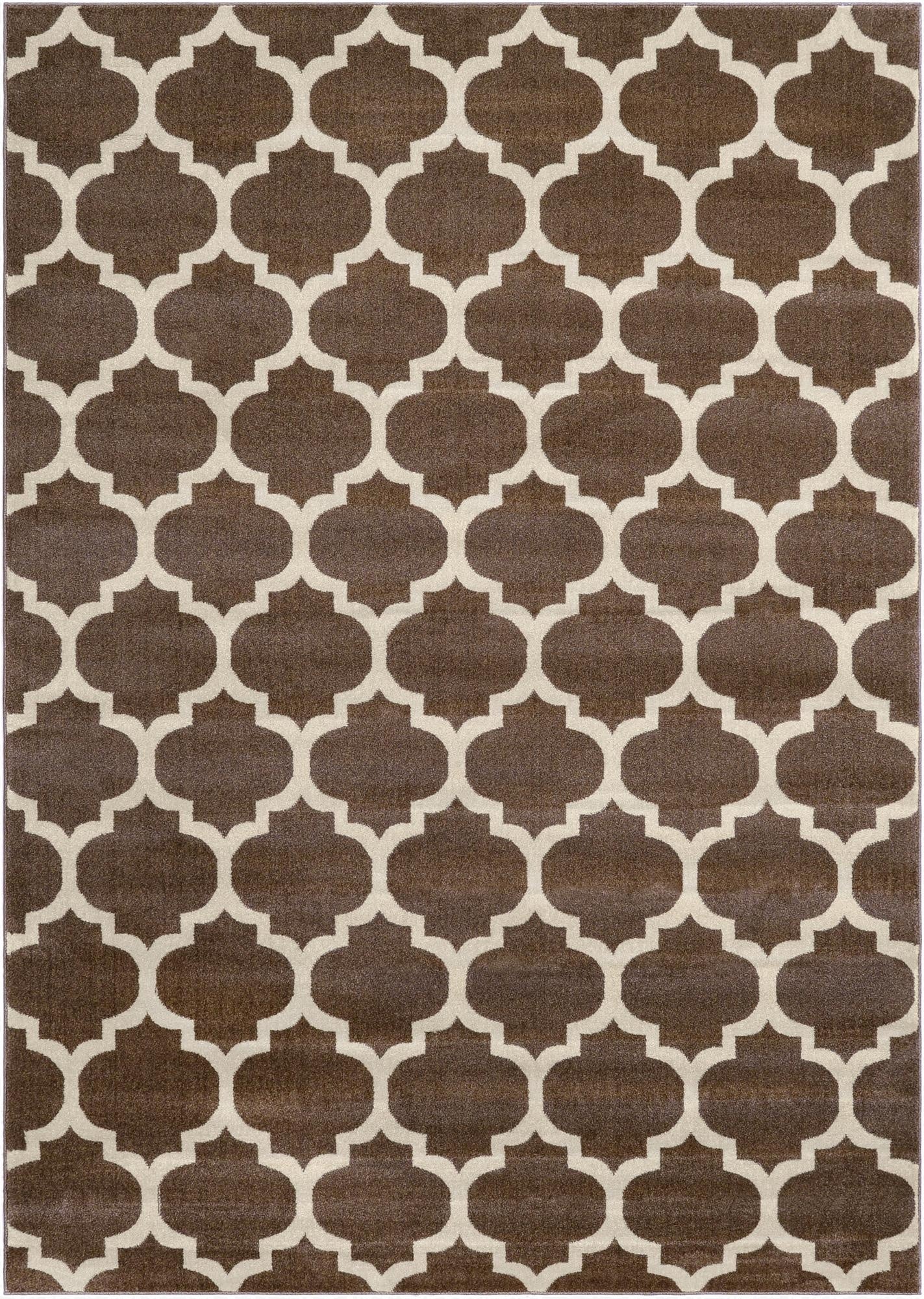 A 7x10 rectangular brown area rug with a repeating modern trellis pattern in tan, suitable for a living room.
