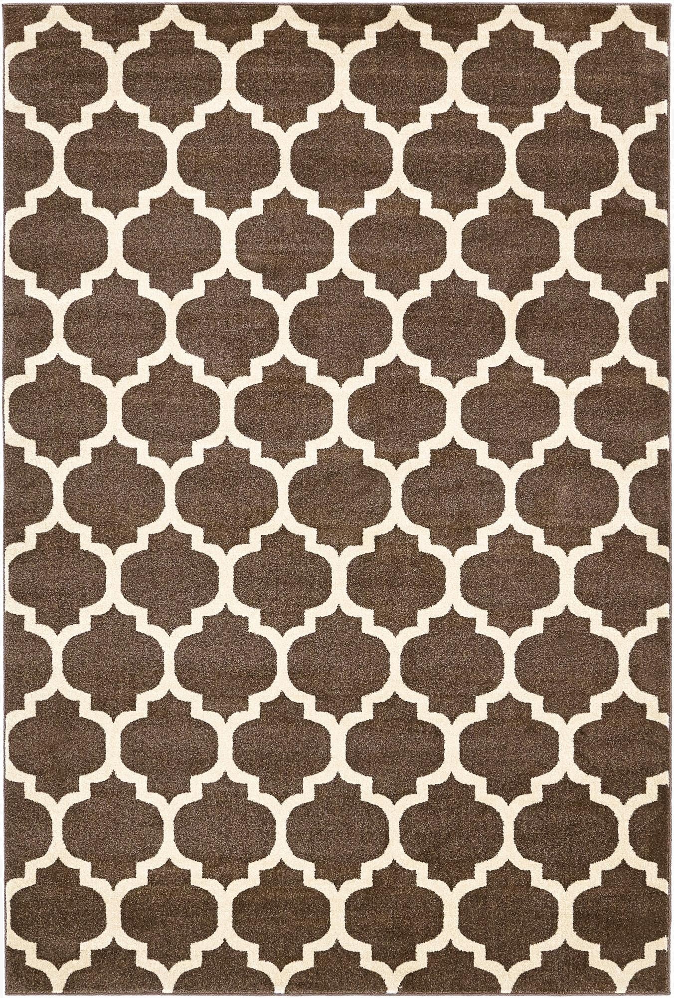 A 6x9 rectangular brown and tan modern trellis rug with a medium pile, perfect for a living room.