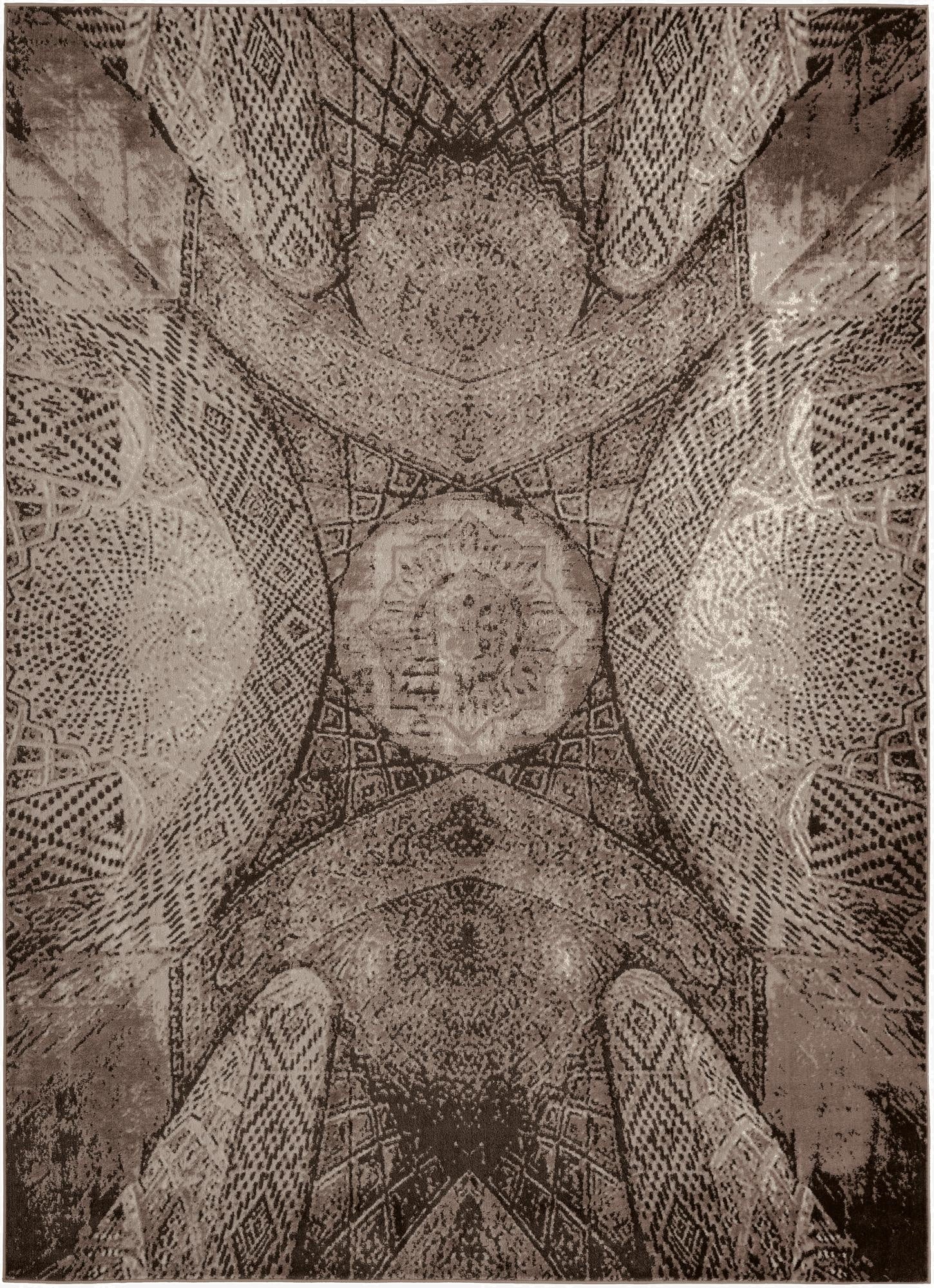 A large 8x11 rectangular Monte Carlo rug in shades of brown and tan, featuring an intricate medallion and geometric pattern.