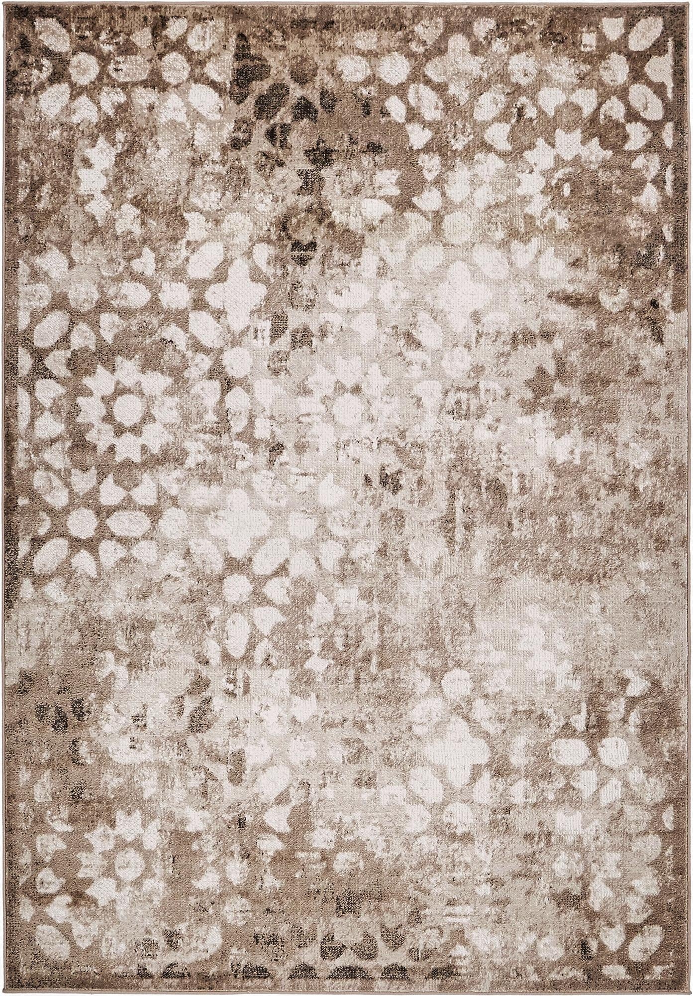 A 4x6 rectangular indoor rug featuring a distressed bohemian floral pattern in shades of brown and tan.