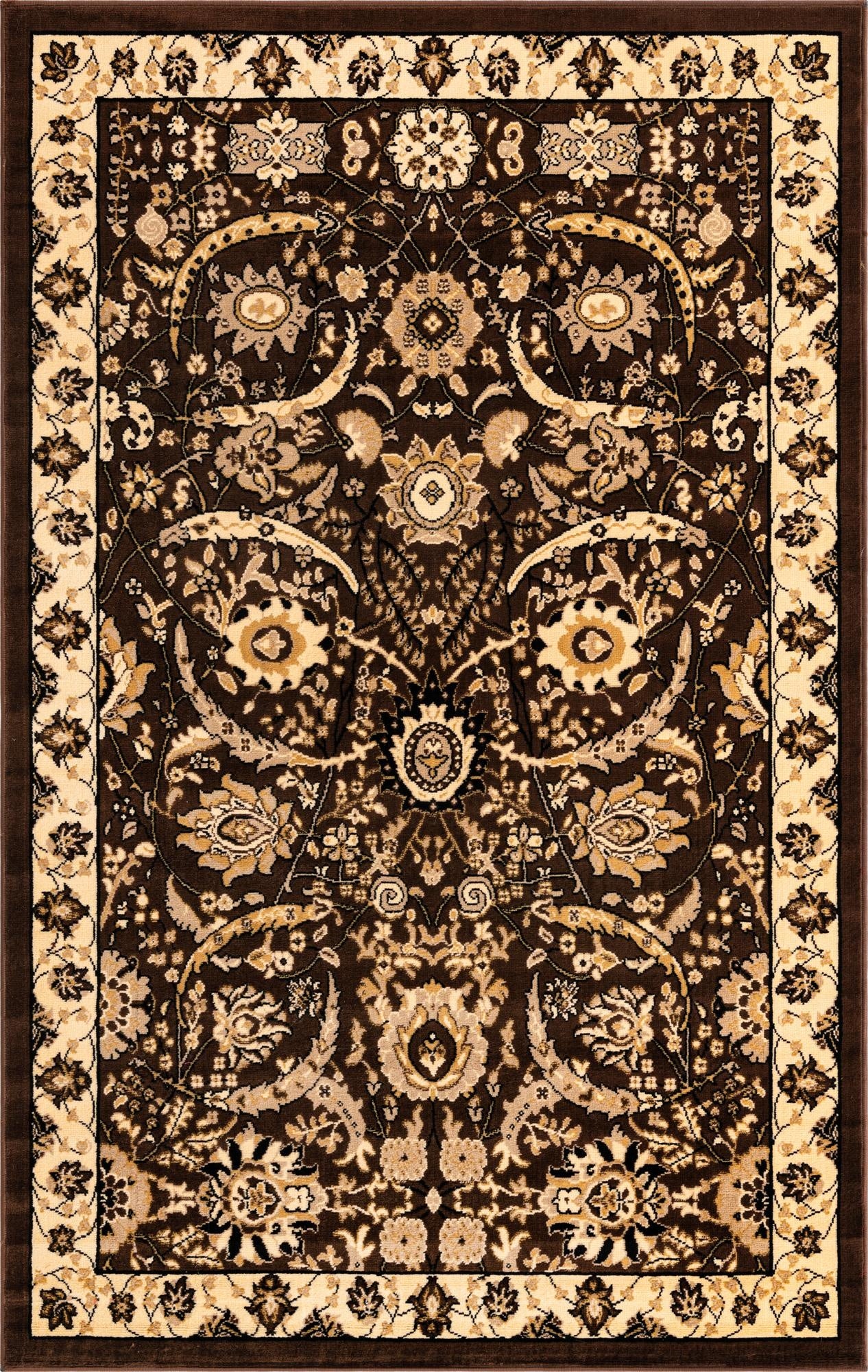 A 5x8 rectangular Neda rug in rich browns and tans, featuring a detailed traditional botanical and floral Oriental pattern.
