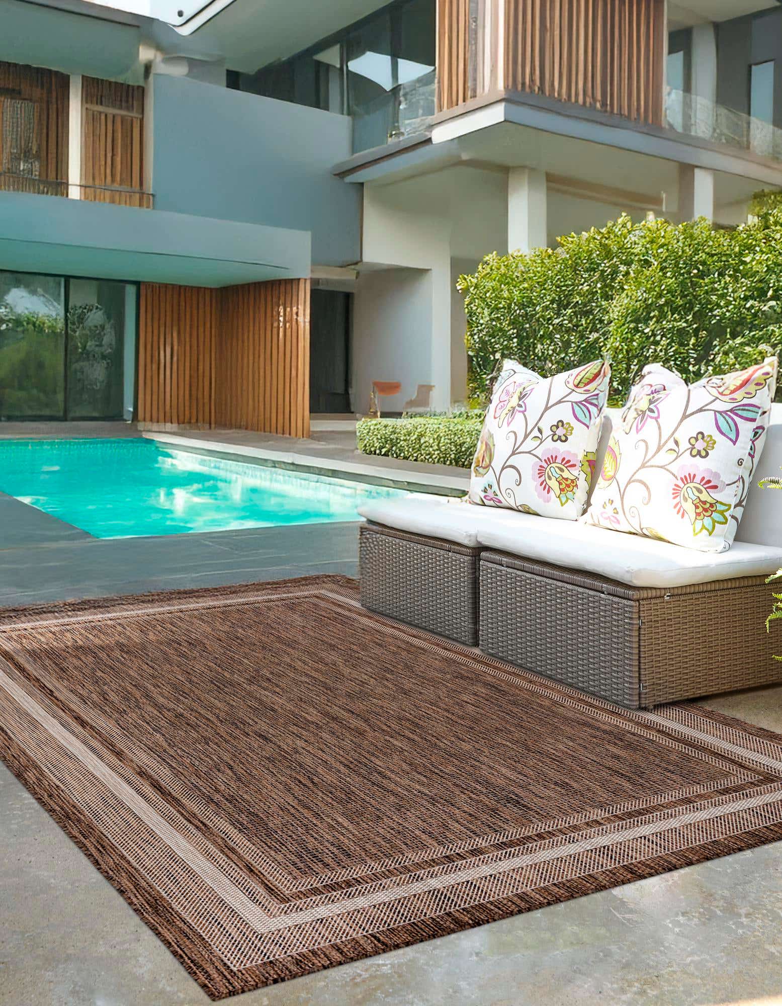 Custom Brown Easy-Clean Border Indoor / Outdoor Rug