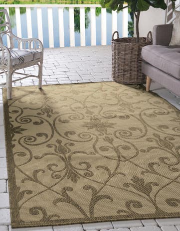 Brown Easy-Clean Botanical Indoor / Outdoor Rug