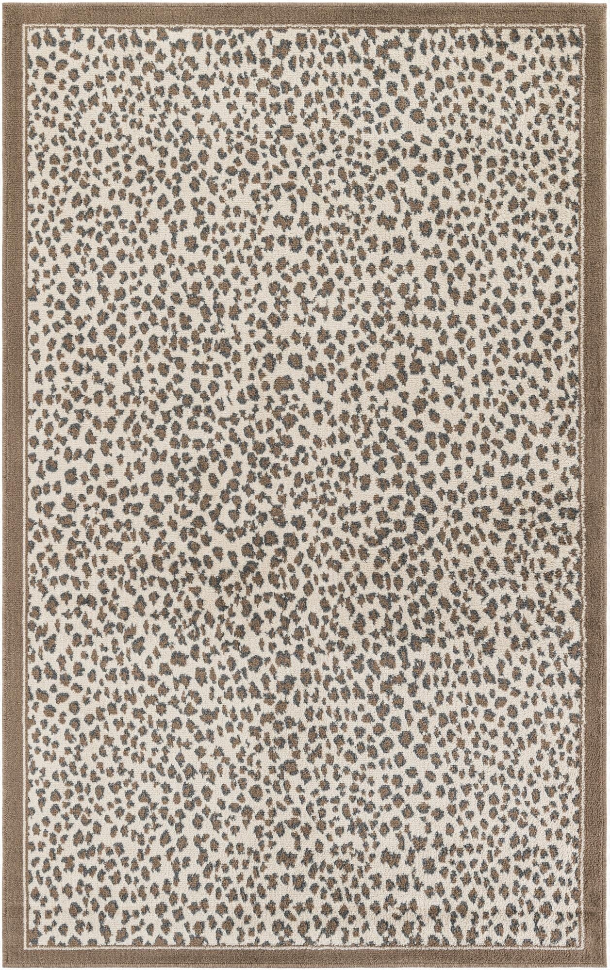 A 4x6 rectangular indoor rug featuring a modern leopard print in browns and tans with a solid brown border.