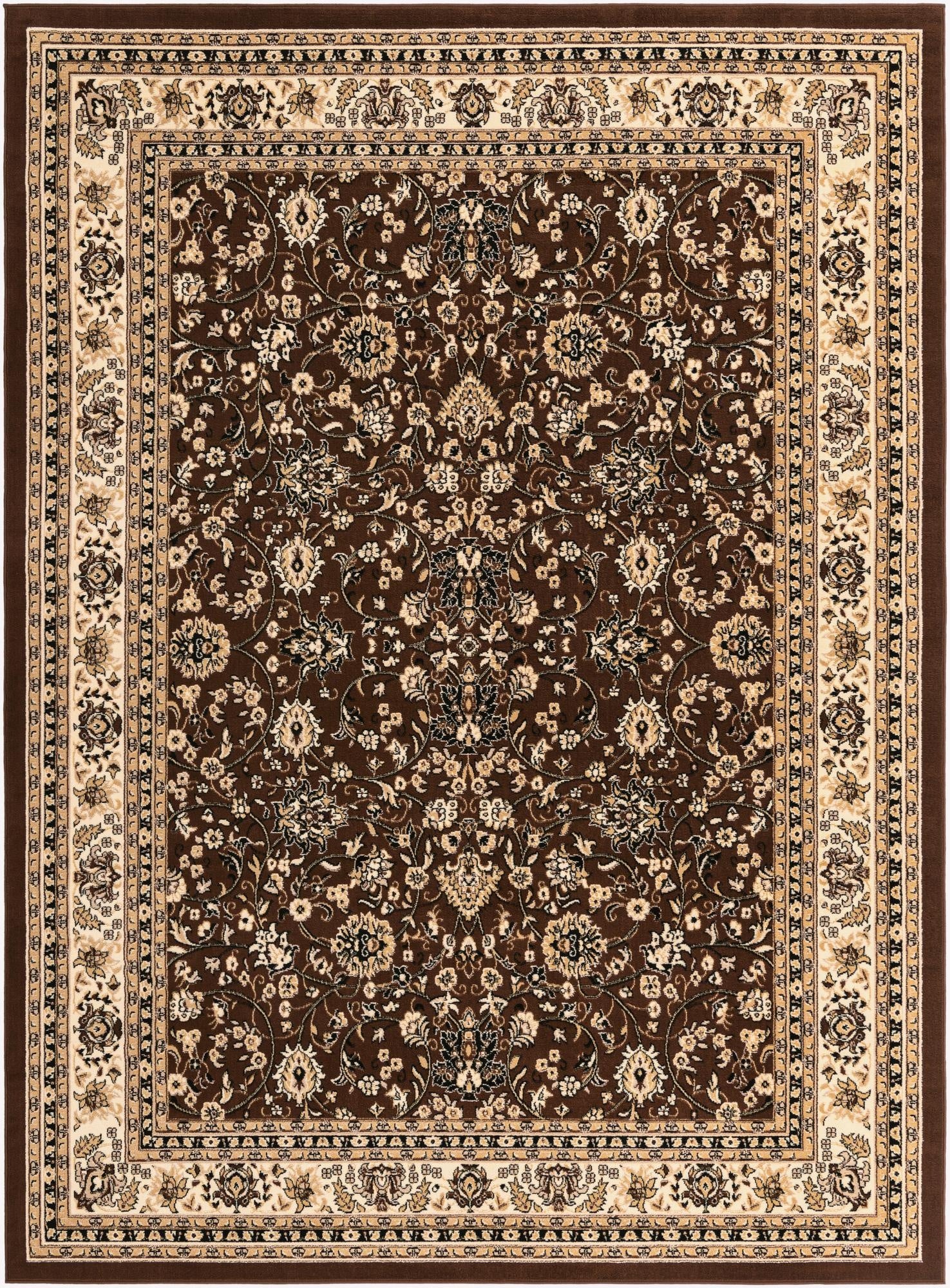 A 9x12 rectangular Rugs.com Yasmin rug featuring a rich brown field with intricate tan and cream traditional floral patterns and a detailed border.