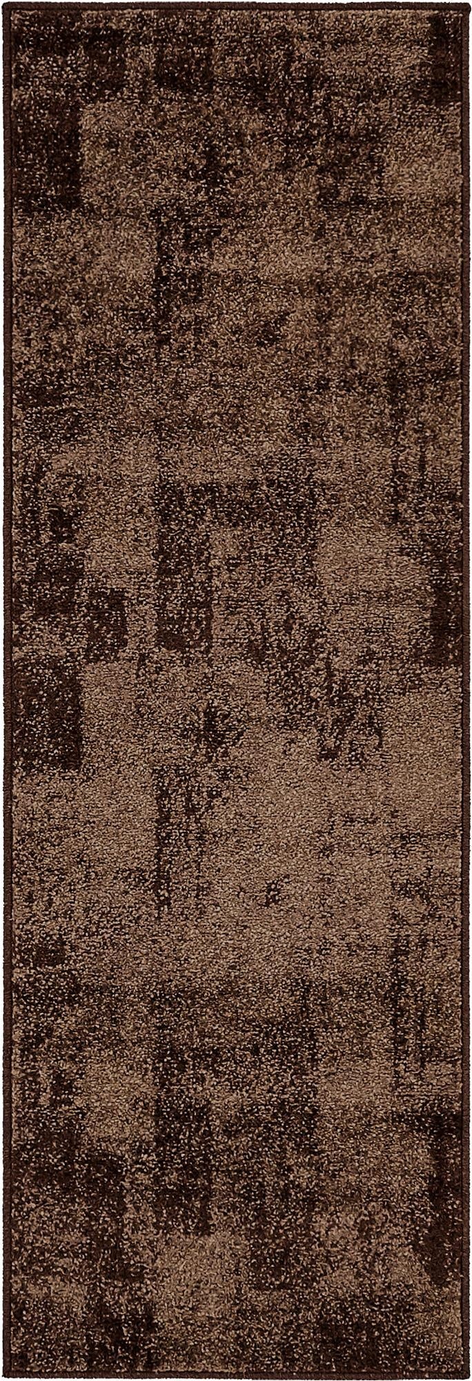 A 6 ft brown runner rug with an abstract, rustic pattern in varying shades of brown and tan, ideal for a hallway or kitchen.