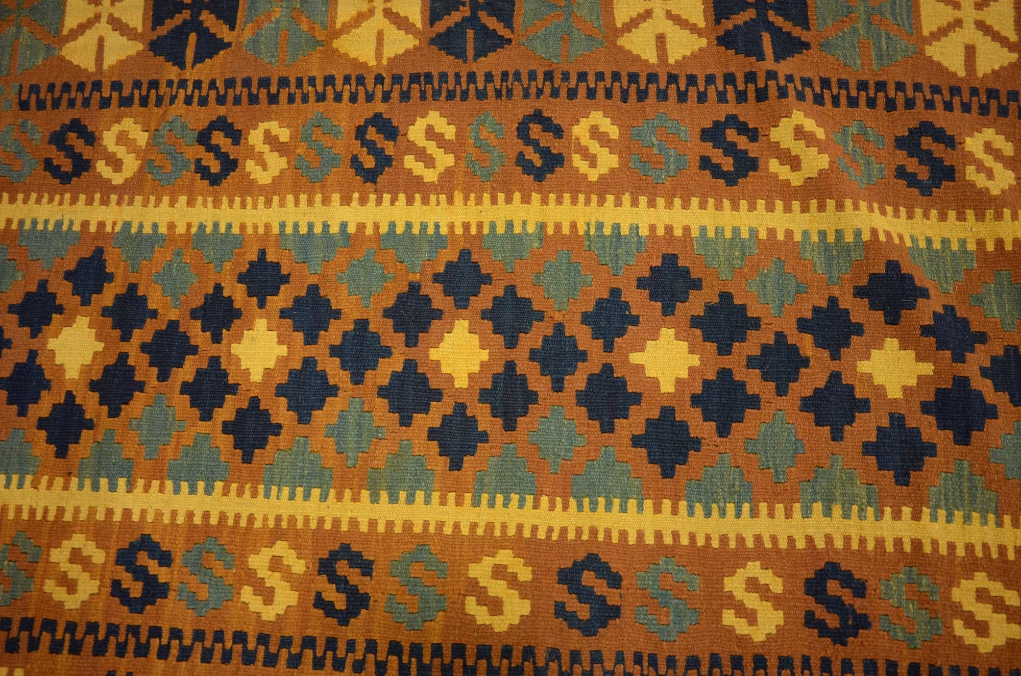 3' 5 x 6' 8 Hand Woven Kilim Maymana Wool Runner Rug