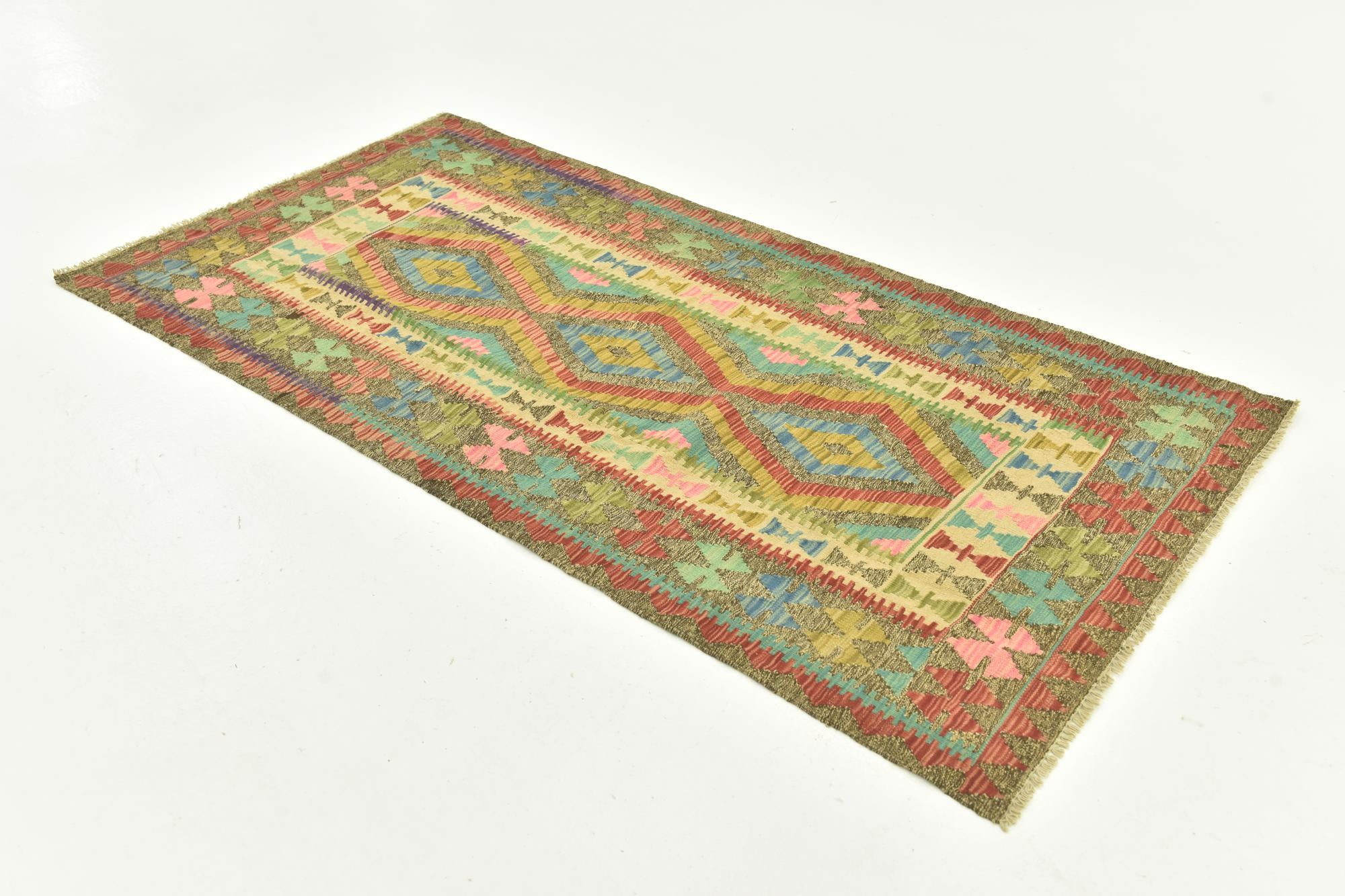 3' 4 x 6' 8 Hand Woven Kilim Maymana Wool Runner Rug