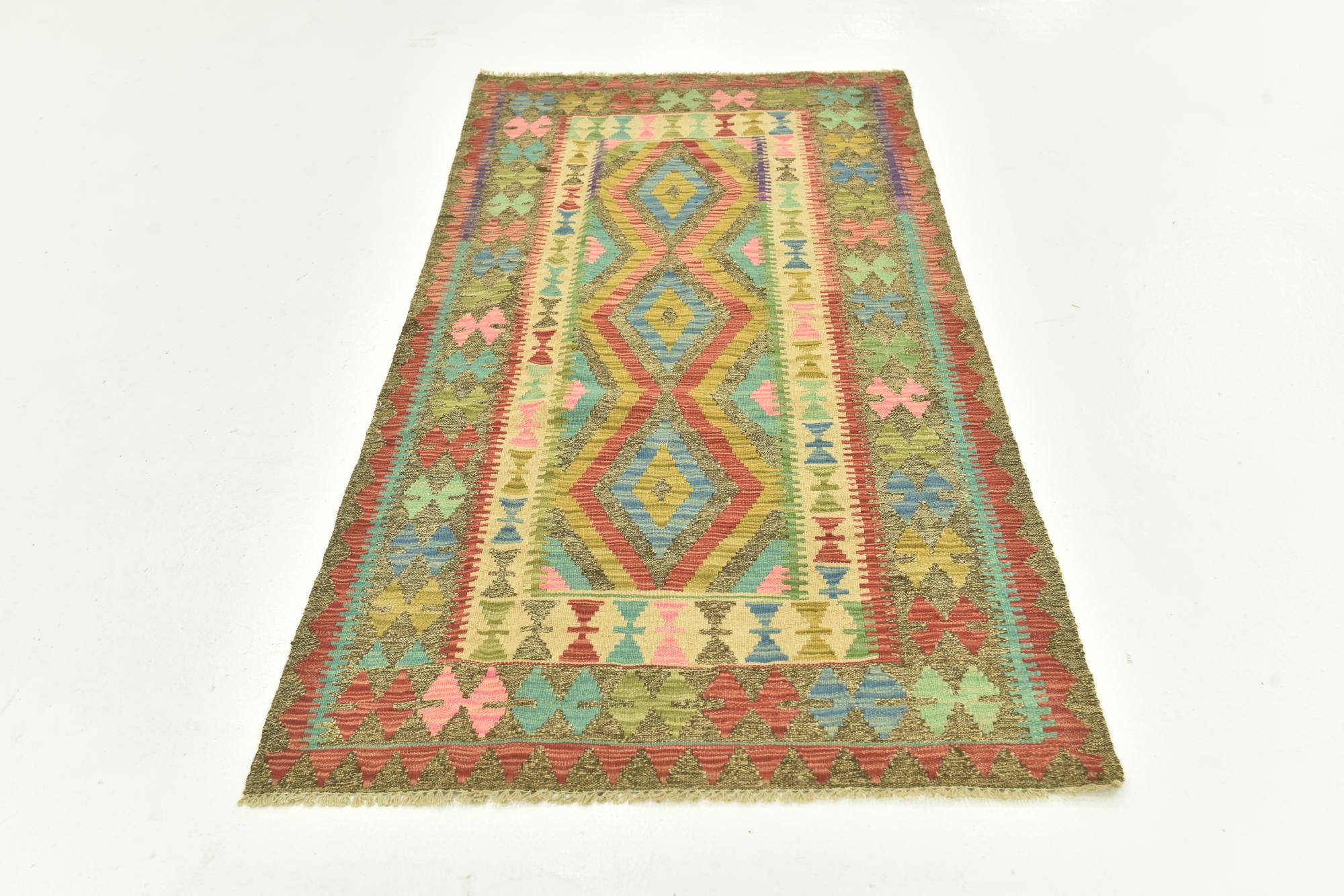 3' 4 x 6' 8 Hand Woven Kilim Maymana Wool Runner Rug