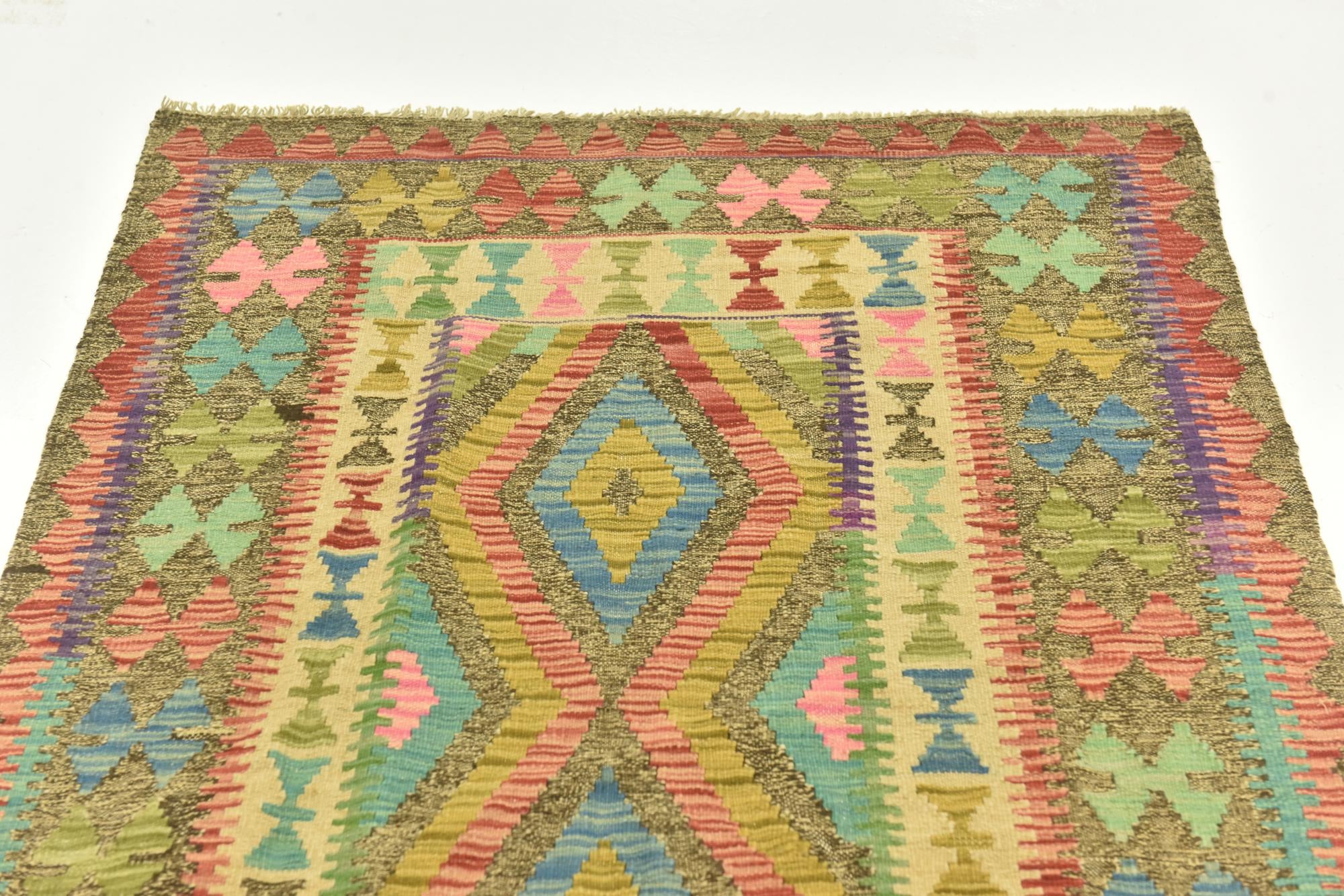 3' 4 x 6' 8 Hand Woven Kilim Maymana Wool Runner Rug