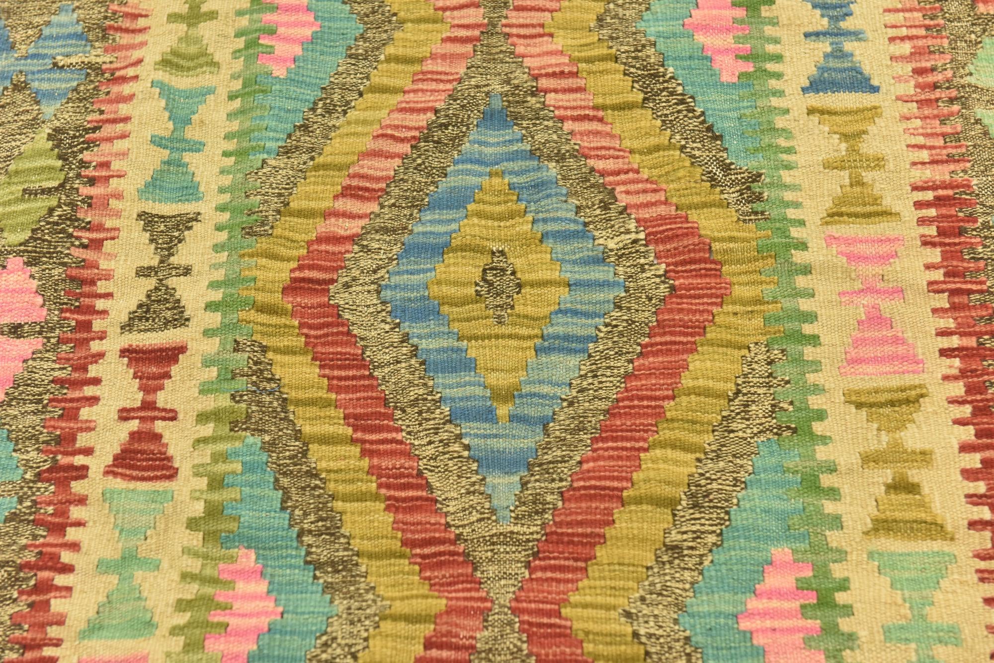 3' 4 x 6' 8 Hand Woven Kilim Maymana Wool Runner Rug