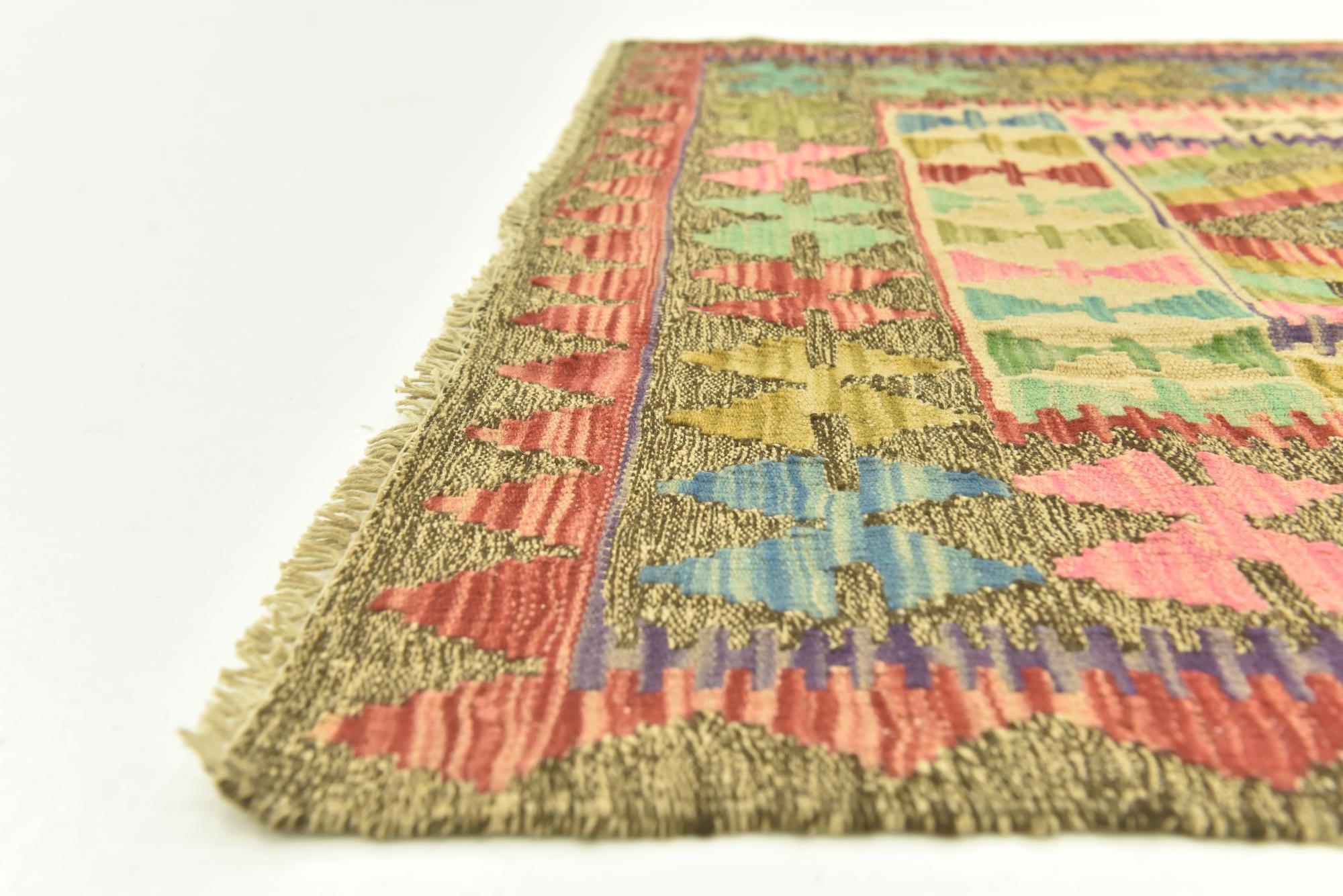 3' 4 x 6' 8 Hand Woven Kilim Maymana Wool Runner Rug