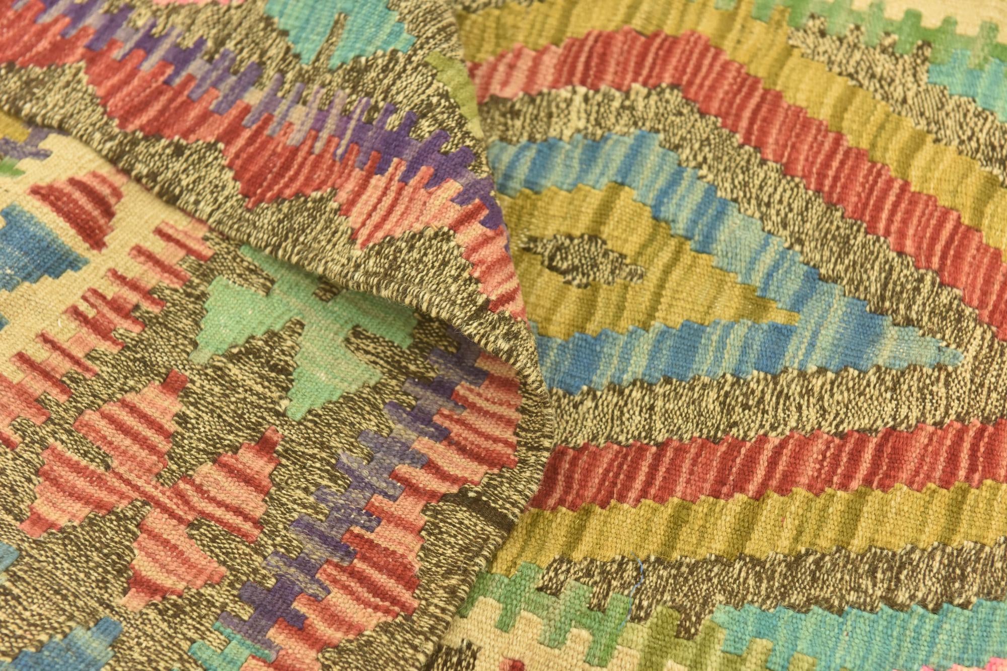 3' 4 x 6' 8 Hand Woven Kilim Maymana Wool Runner Rug