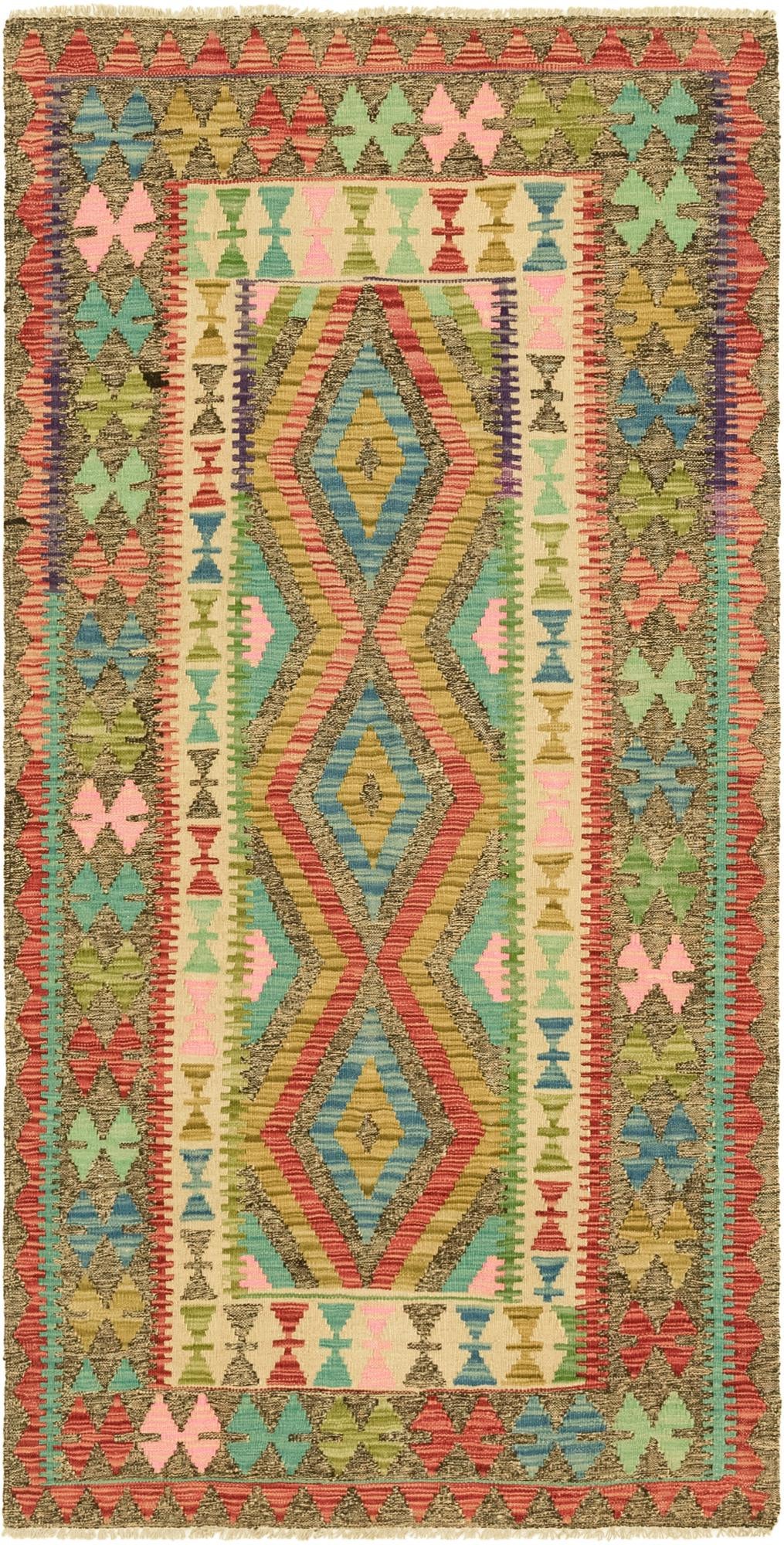 3' 4 x 6' 8 Hand Woven Kilim Maymana Wool Runner Rug