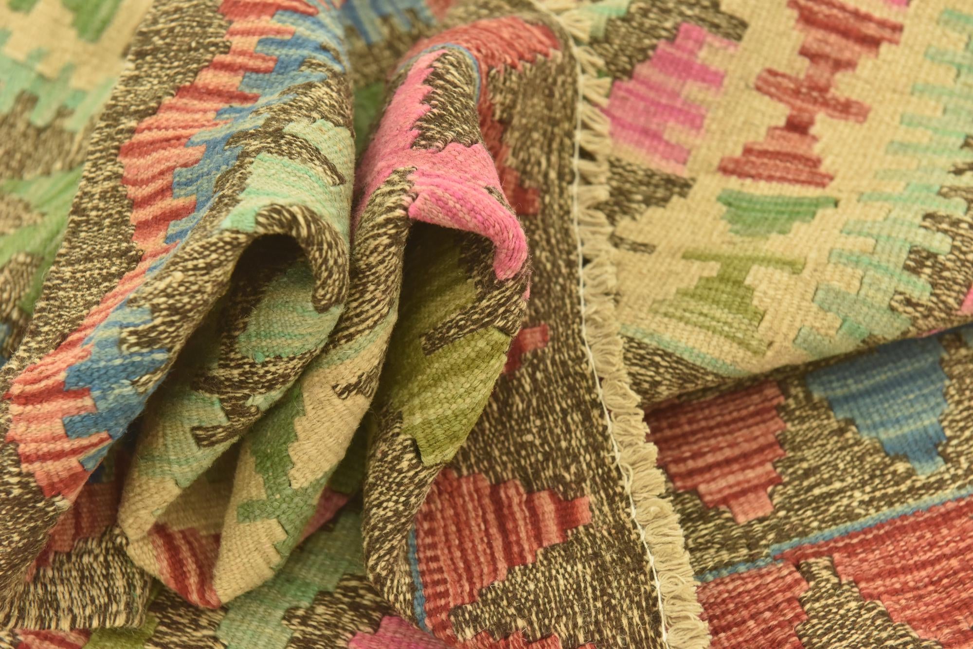 3' 4 x 6' 6 Hand Woven Kilim Maymana Wool Runner Rug