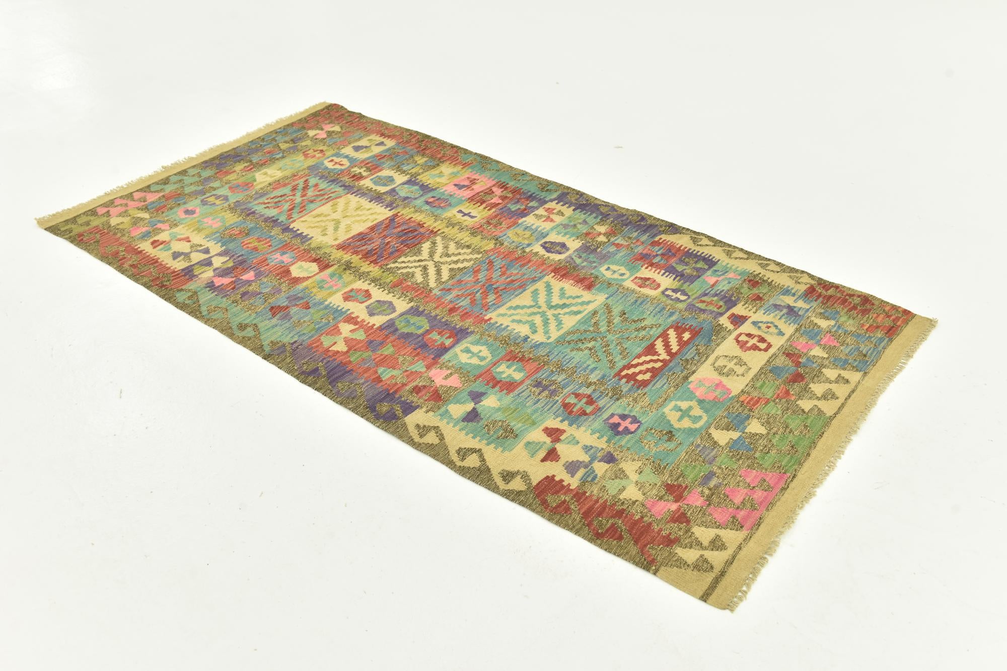 3' 4 x 6' 7 Hand Woven Kilim Maymana Wool Runner Rug