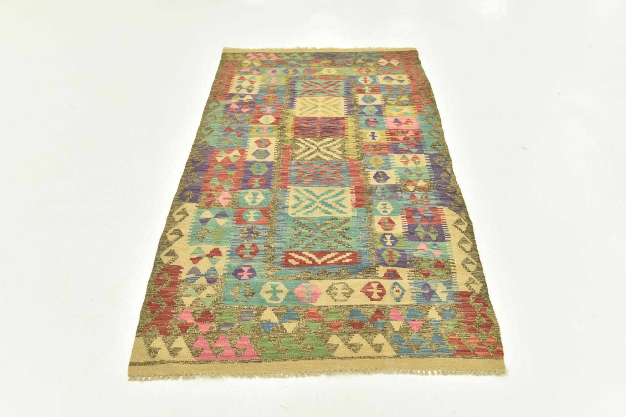3' 4 x 6' 7 Hand Woven Kilim Maymana Wool Runner Rug