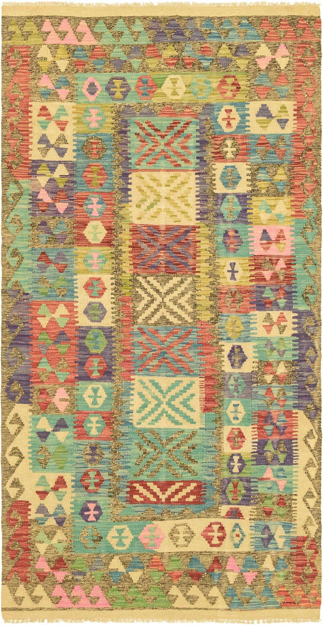 3' 4 x 6' 7 Hand Woven Kilim Maymana Wool Runner Rug