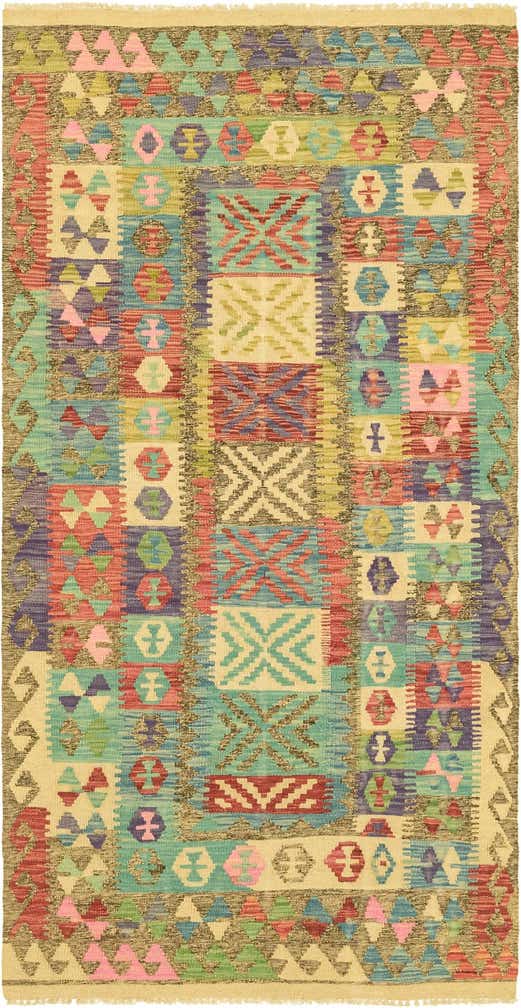 3' 4 x 6' 7 Hand Woven Kilim Maymana Wool Runner Rug