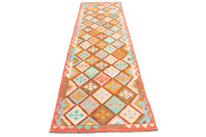 2' 9 x 9' 8 Hand Woven Kilim Maymana Wool Runner Rug
