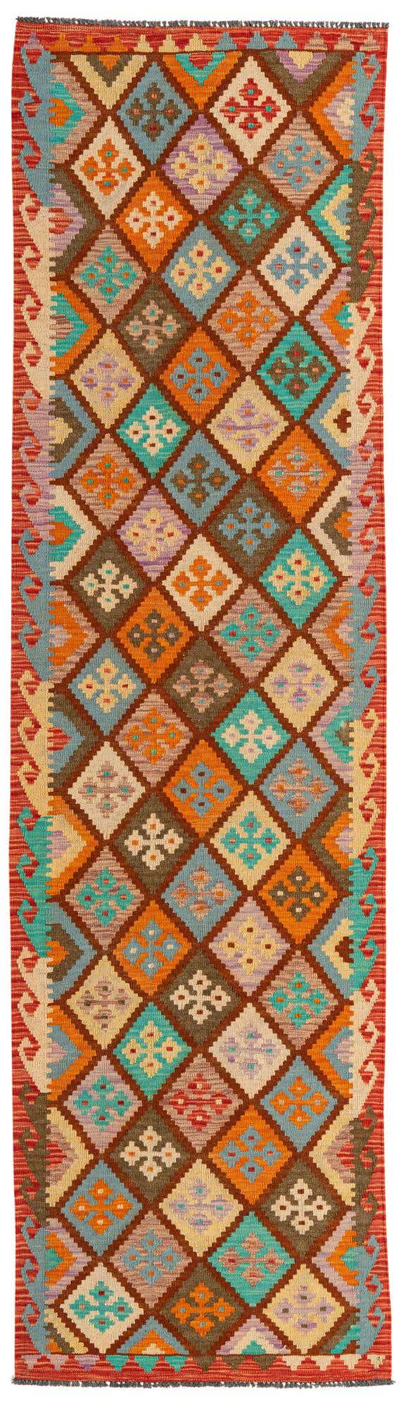2' 9 x 9' 8 Hand Woven Kilim Maymana Wool Runner Rug