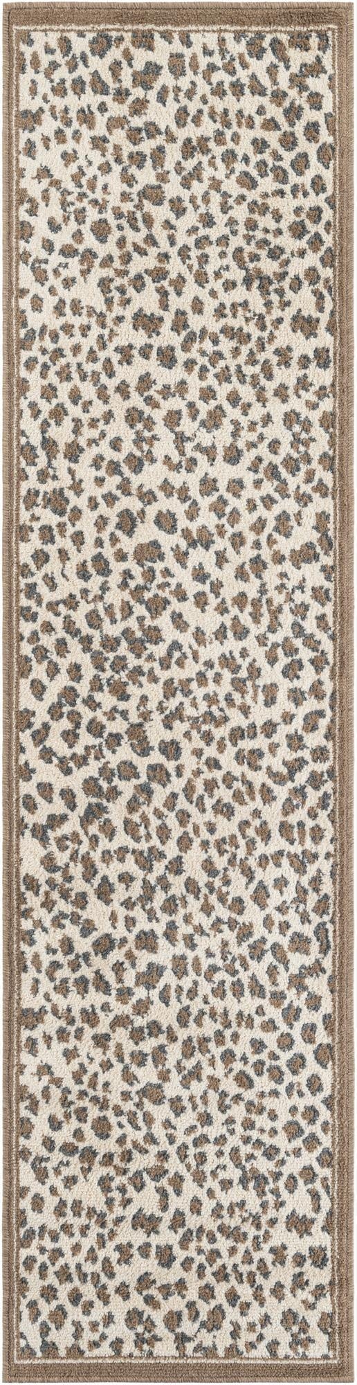 A long 8 ft runner rug with a modern leopard print in various brown and tan shades, framed by a solid brown border, ideal for a hallway or kitchen.