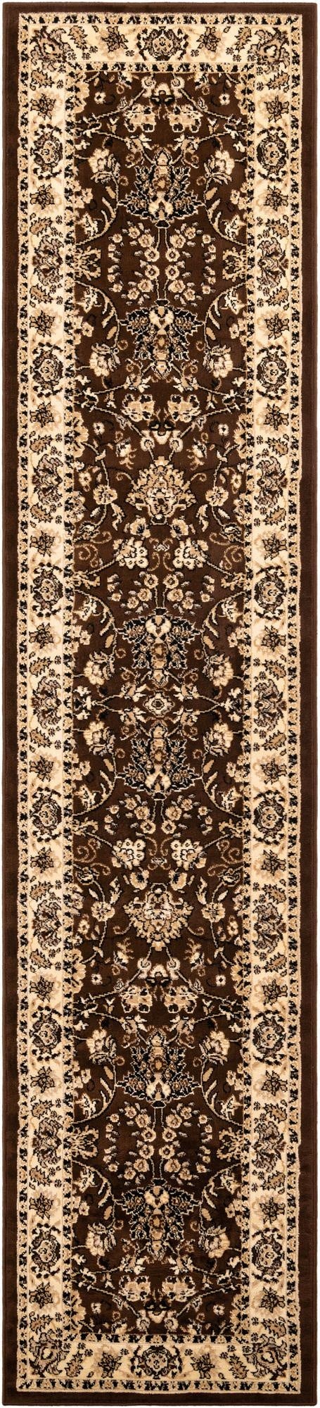 A 12 ft brown runner rug with a traditional Oriental pattern in tan and cream, ideal for a hallway.