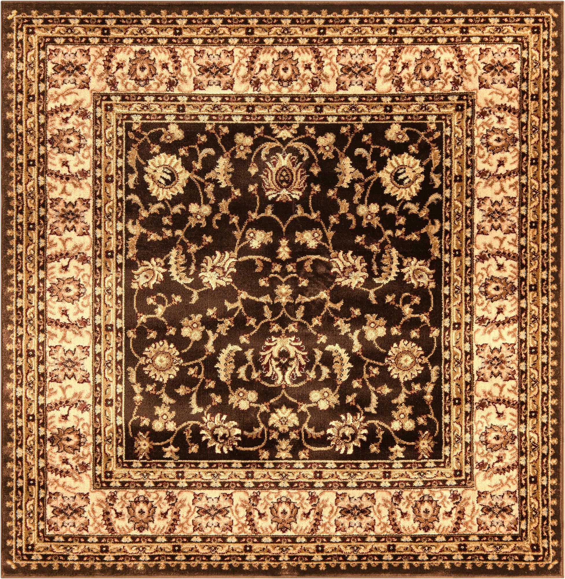 A 6'x6' square Aditi rug featuring a traditional Oriental floral pattern in rich browns and tans.
