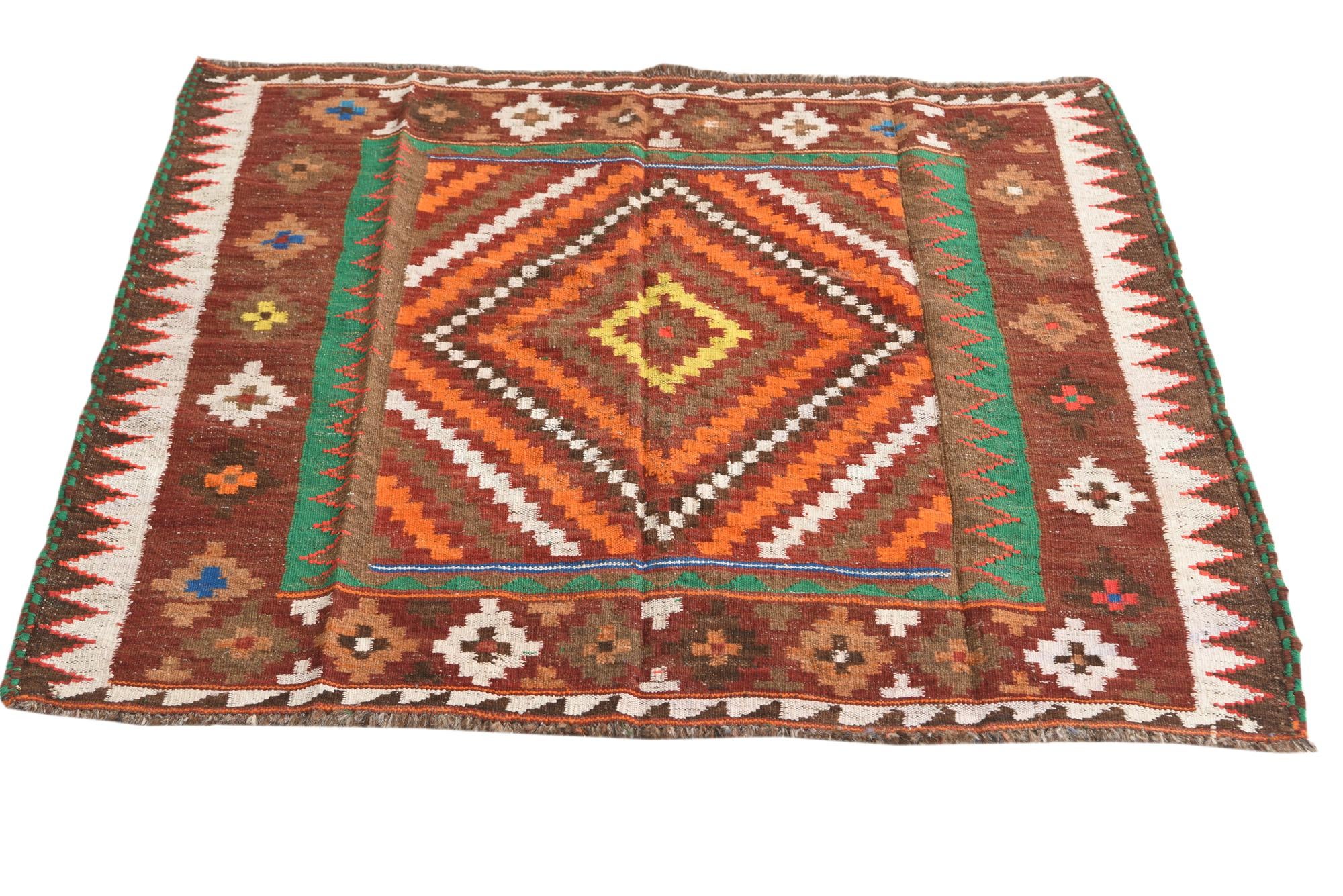 3' 7 x 4' Hand Woven Kilim Fars Wool Square Rug