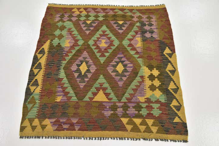 3' 6 x 3' 10 Hand Woven Kilim Maymana Wool Square Rug