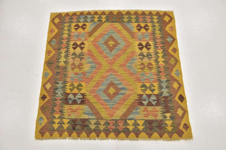 3' 3 x 3' 3 Hand Woven Kilim Maymana Wool Square Rug