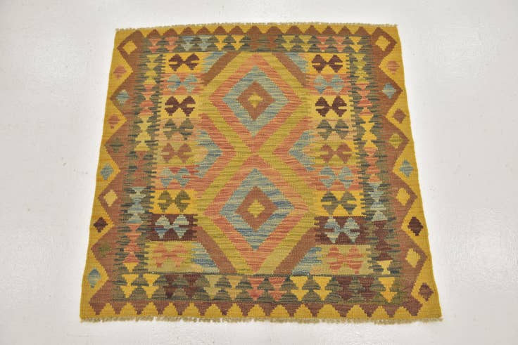 Detail image of 3' 3 x 3' 3 Hand Woven Kilim Maymana Wool Square Rug