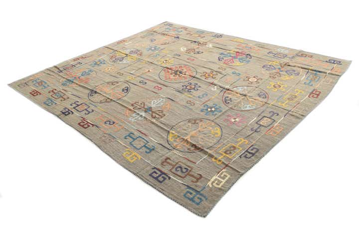 8' 7 x 9' 6 Hand Woven Kilim Suzani Wool Square Rug