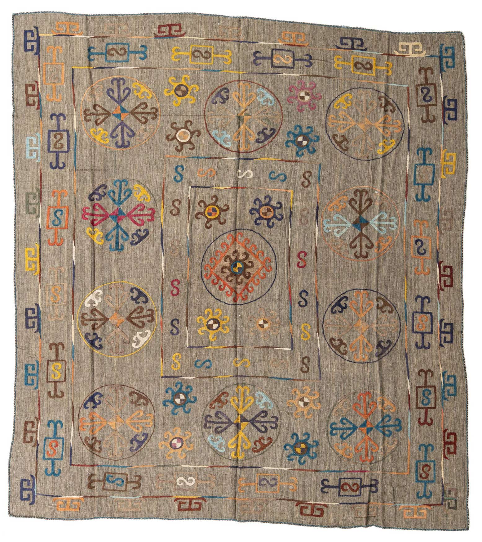8' 7 x 9' 6 Hand Woven Kilim Suzani Wool Square Rug