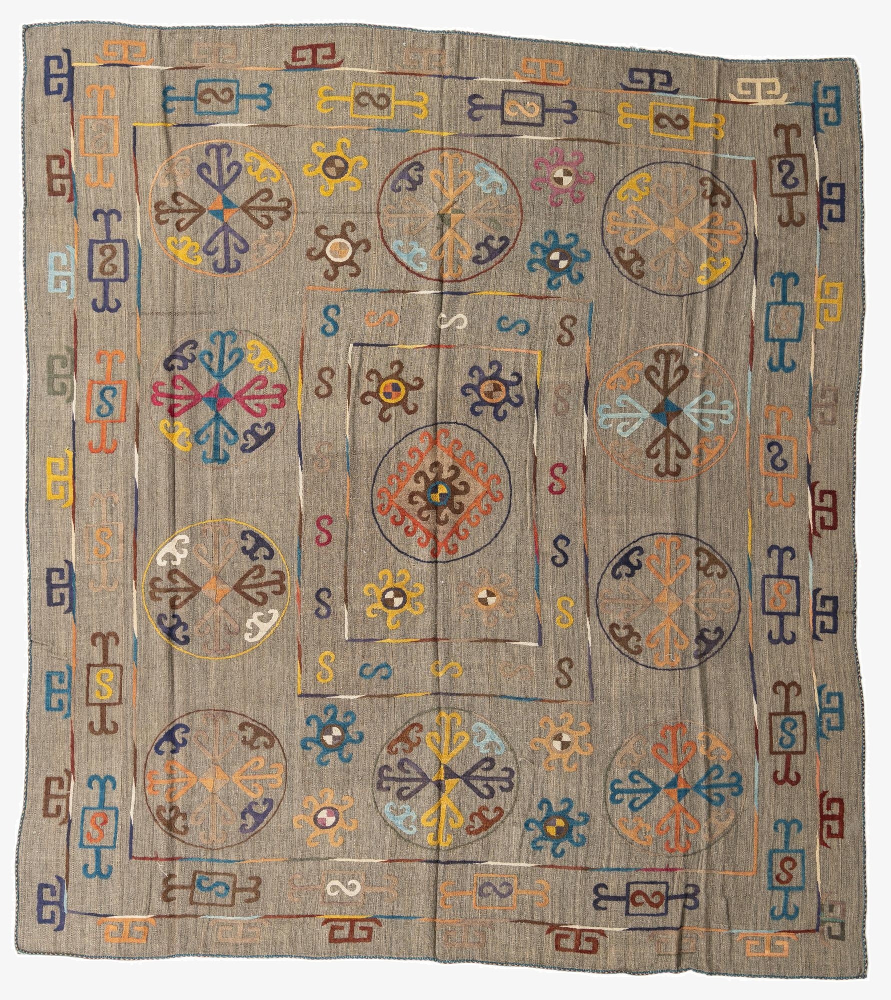 8' 7 x 9' 6  Hand Woven Kilim Suzani Wool Square Rug