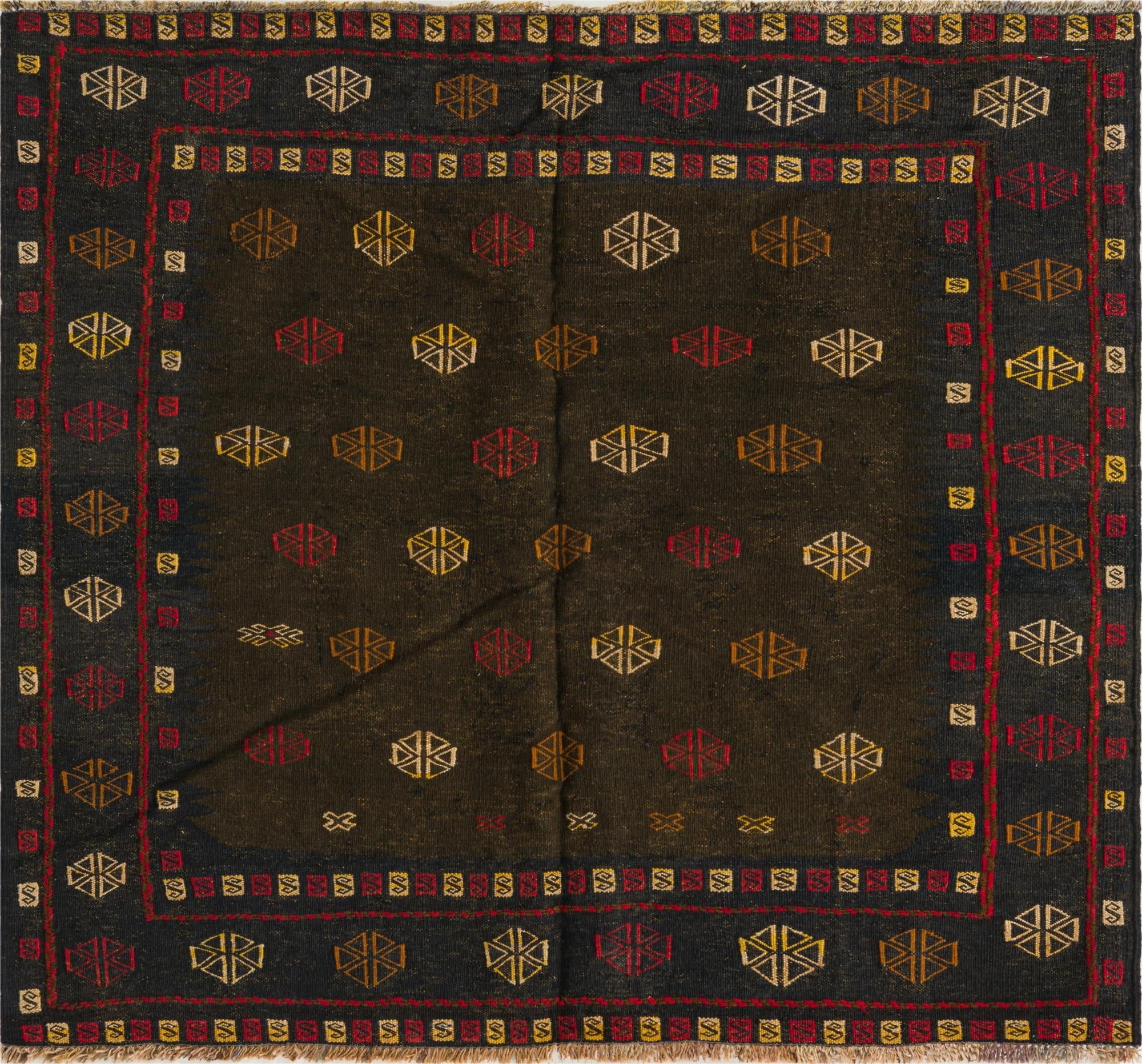 3' 10 x 4' 4  Hand Knotted Sumak Wool Square Rug