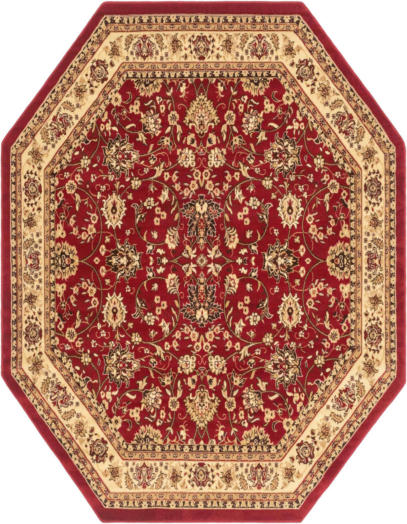 A 7' 10 x 7' 10 octagon-shaped red traditional rug with an intricate cream and gold floral oriental pattern.