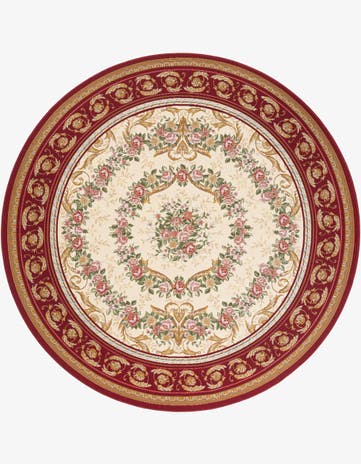 Burgundy Red and Ivory Easy-Clean Traditional Indoor / Outdoor Round Rug