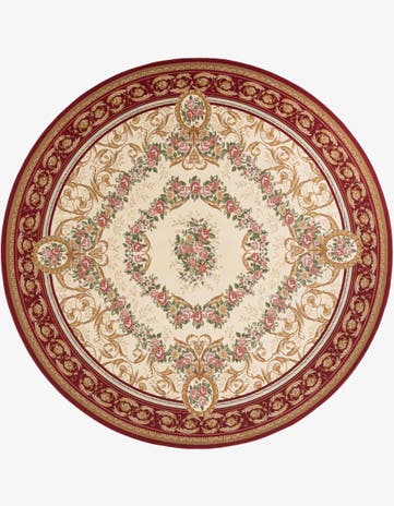 Burgundy Red and Ivory Easy-Clean Traditional Indoor / Outdoor Round Rug