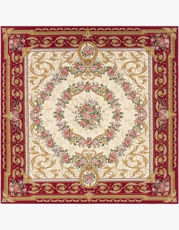 Burgundy Red and Ivory Easy-Clean Traditional Indoor / Outdoor Square Rug