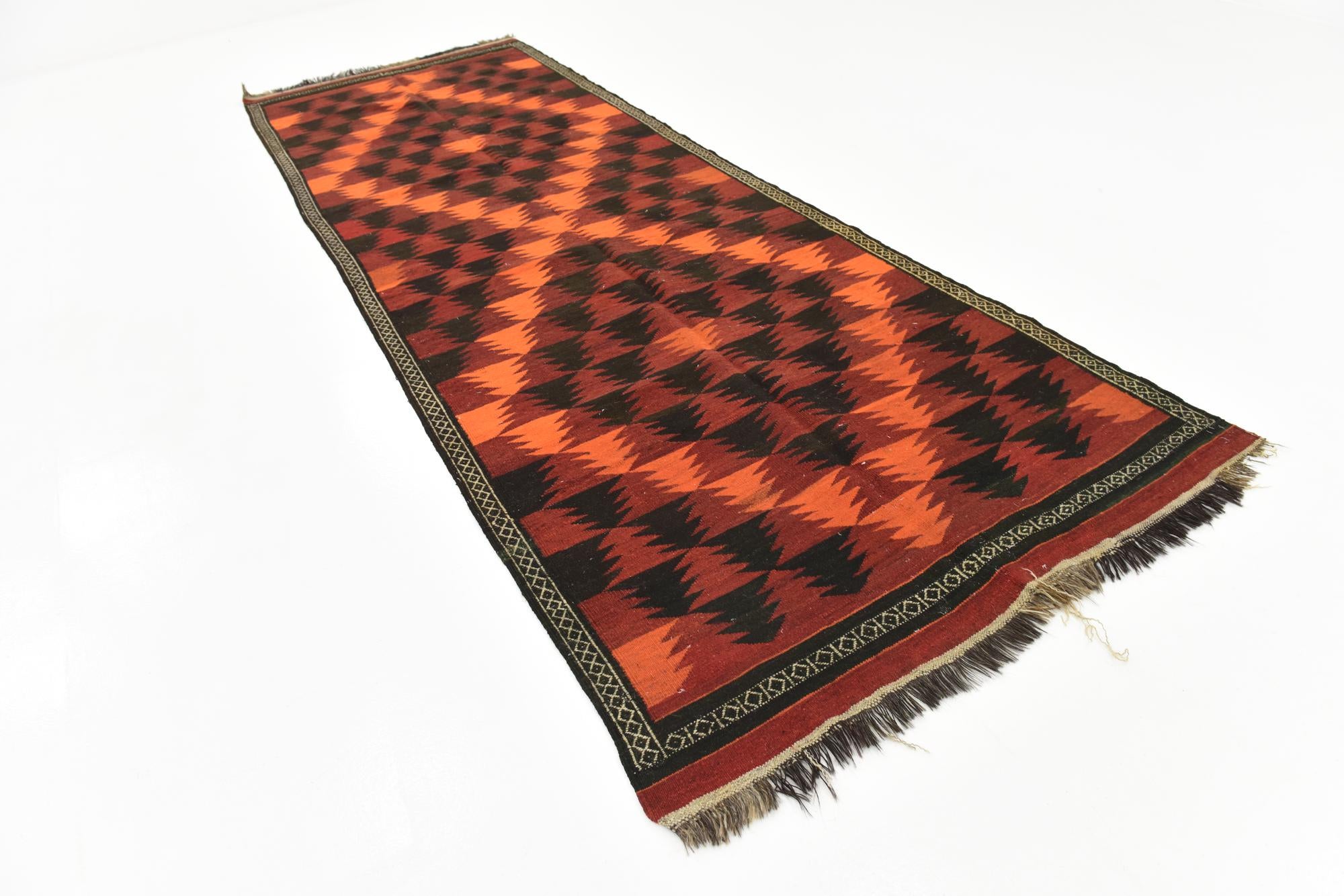 4' 3 x 12' 6 Hand Woven Kilim Fars Wool Runner Rug