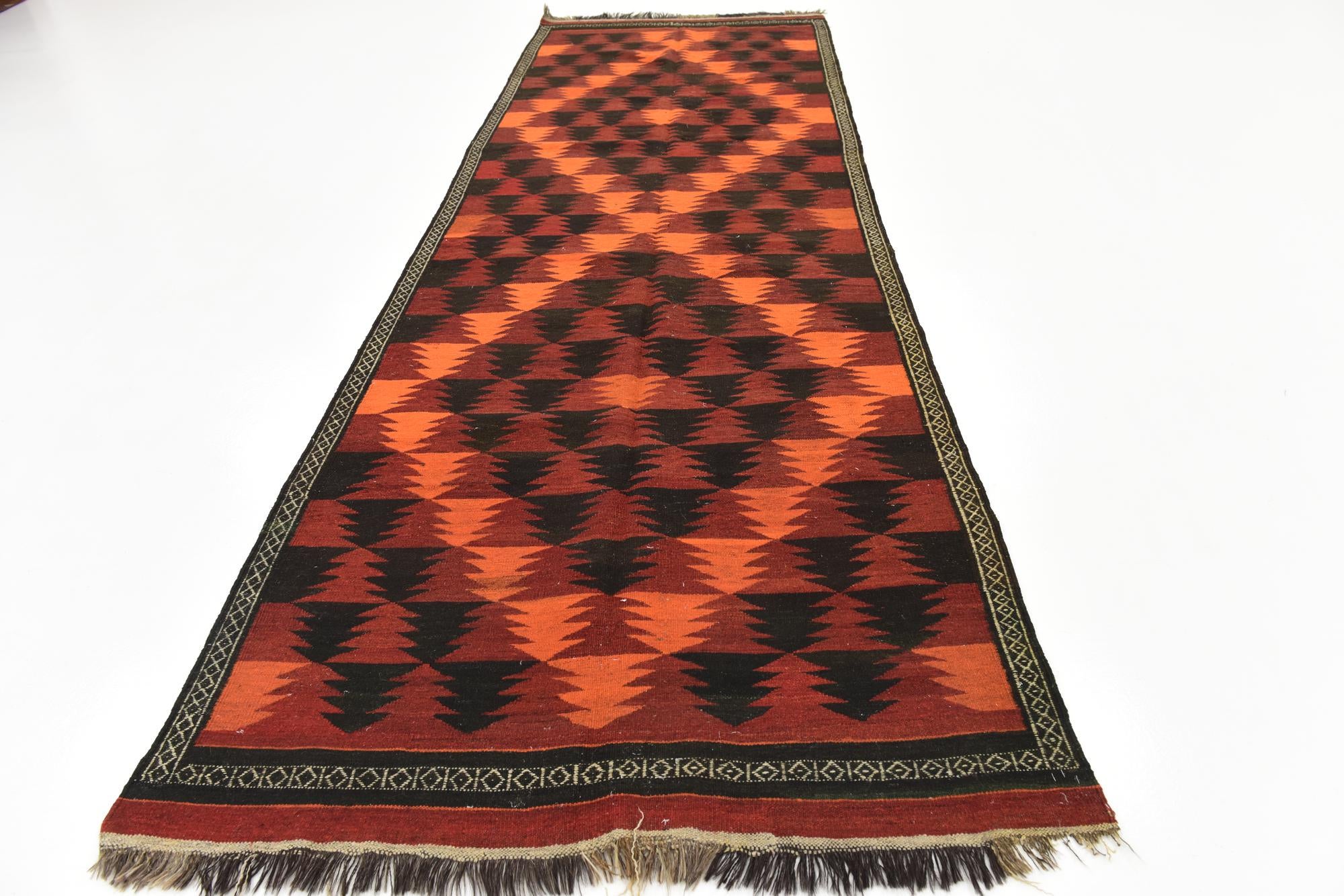 4' 3 x 12' 6 Hand Woven Kilim Fars Wool Runner Rug