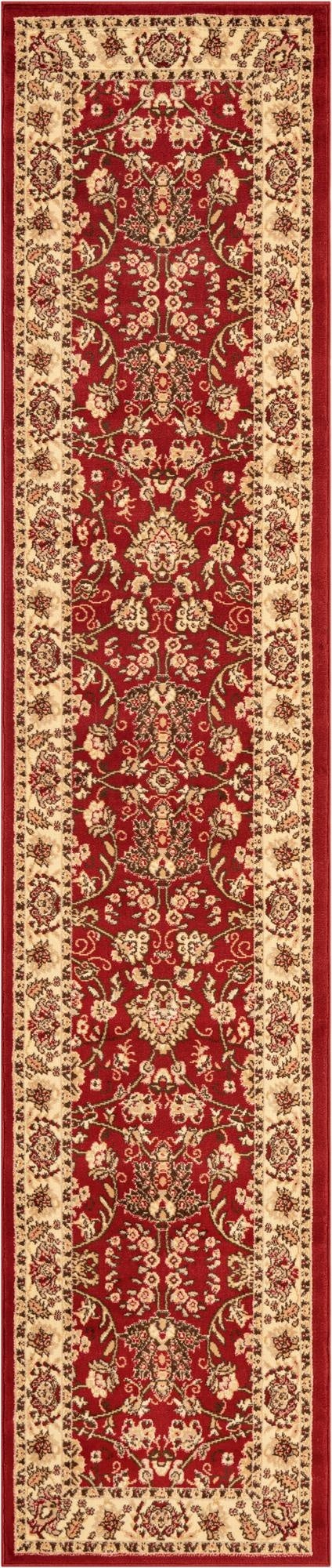 A 12 ft red runner rug with a traditional floral pattern and cream border, ideal for a hallway.