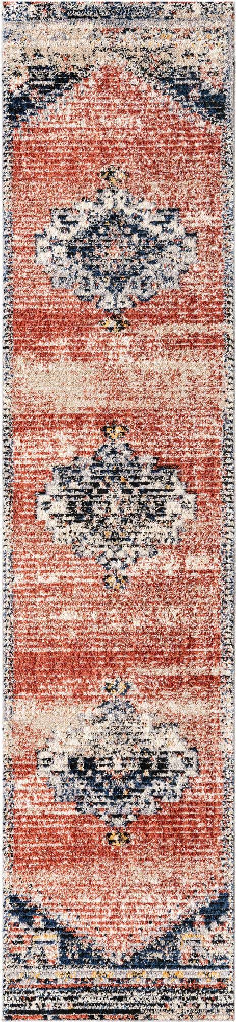 2' 7 x 12' Burton · Medallion rug, rust and navy
