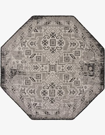 Charcoal Gray Easy-Clean Aztec Indoor / Outdoor Octagon Rug