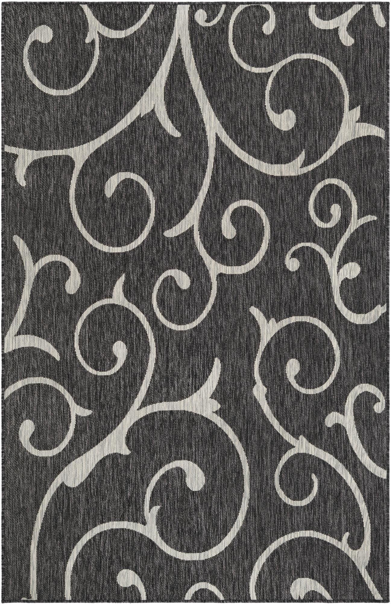 Custom Charcoal Gray  Washable Botanical Indoor / Outdoor Rug