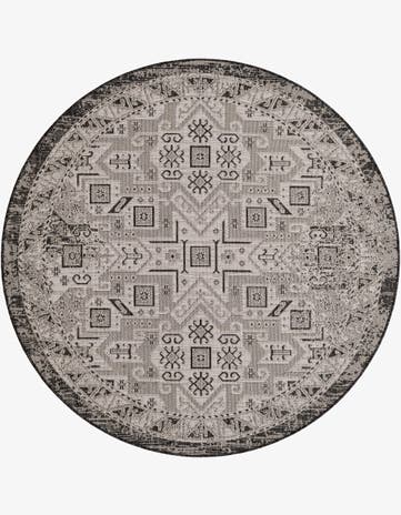 Charcoal Gray Easy-Clean Aztec Indoor / Outdoor Round Rug
