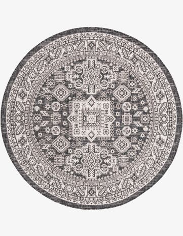 Charcoal Gray Easy-Clean Aztec Indoor / Outdoor Round Rug
