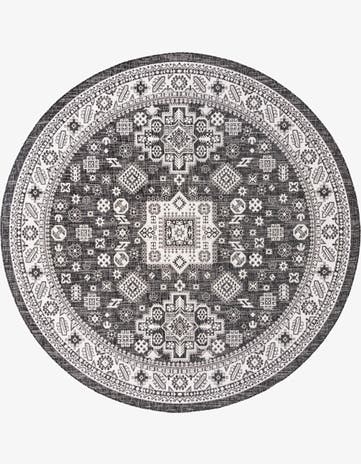 Charcoal Gray Easy-Clean Aztec Indoor / Outdoor Round Rug